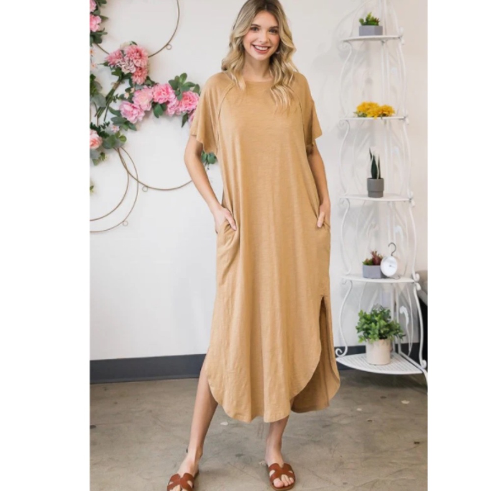 🌹 “The Fynn" Tan Cotton Midi Dress with Pockets